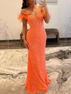 Sheath/Column Off-the-shoulder Glitter Floor-length Prom Dresses With Feathers / Fur #UKM020119645