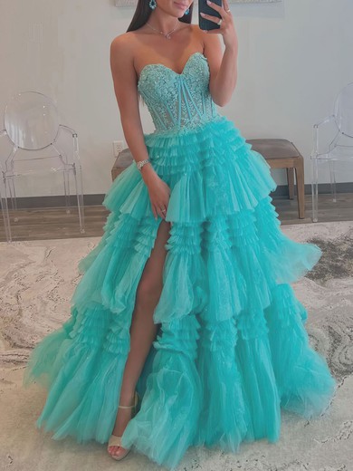 Ball Gown/Princess Sweetheart Tulle Glitter Sweep Train Prom Dresses With Appliques Lace #UKM020119665
