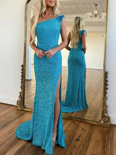 Trumpet/Mermaid One Shoulder Sequined Sweep Train Prom Dresses With Feathers / Fur #UKM020119900
