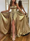 A-line Halter Metallic Sweep Train Prom Dresses With Split Front #UKM020119896