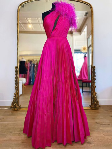 Ball Gown/Princess One Shoulder Silk-like Satin Floor-length Prom Dresses With Feathers / Fur #UKM020119905