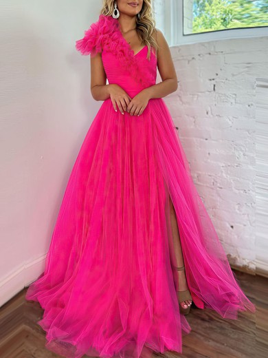 Ball Gown/Princess One Shoulder Tulle Sweep Train Prom Dresses With Ruffles #UKM020119902