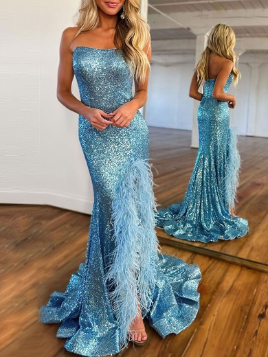 Trumpet/Mermaid Straight Sequined Sweep Train Prom Dresses With Feathers / Fur #UKM020119920