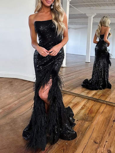 Trumpet/Mermaid Straight Sequined Sweep Train Prom Dresses With Feathers / Fur #UKM020119921