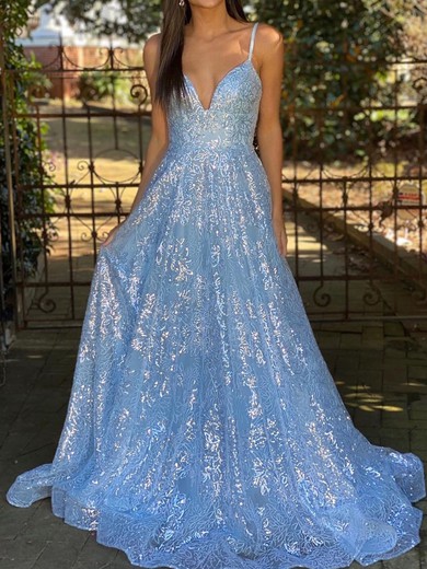 Ball Gown/Princess V-neck Glitter Sweep Train Prom Dresses #UKM020119974