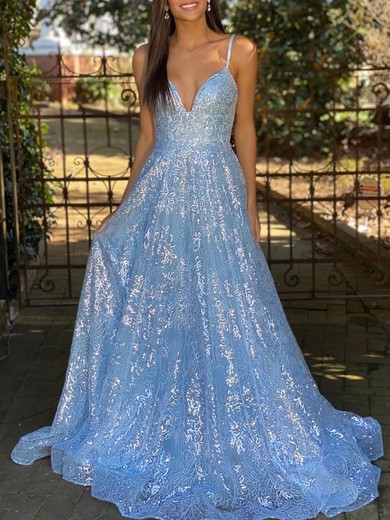 Ball Gown/Princess V-neck Glitter Sweep Train Prom Dresses #UKM020119974