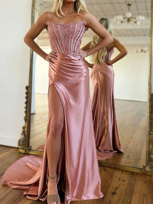 Trumpet/Mermaid Straight Silk-like Satin Sweep Train Prom Dresses With Beading #UKM020119892