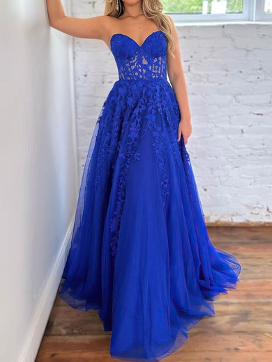 Ball Gown/Princess Sweetheart Lace Tulle Sweep Train Prom Dresses With Appliques Lace #UKM020119894