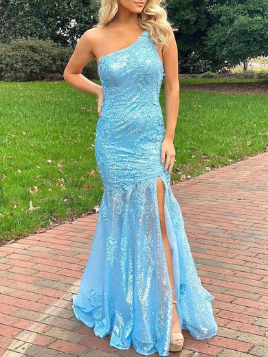 Trumpet/Mermaid One Shoulder Sequined Sweep Train Prom Dresses With Appliques Lace #UKM020119909