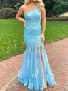 Trumpet/Mermaid One Shoulder Sequined Sweep Train Prom Dresses With Appliques Lace #UKM020119909