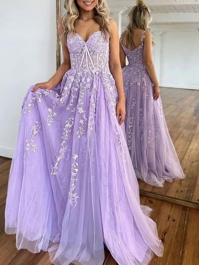 Ball Gown/Princess V-neck Lace Tulle Sweep Train Prom Dresses With Appliques Lace #UKM020119927