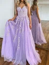 Ball Gown/Princess V-neck Lace Tulle Sweep Train Prom Dresses With Appliques Lace #UKM020119927