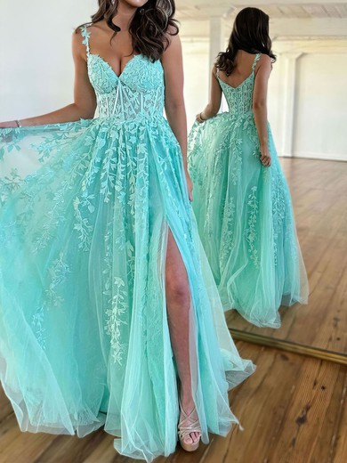 Ball Gown/Princess V-neck Lace Tulle Sweep Train Prom Dresses With Appliques Lace #UKM020119928