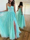 Ball Gown/Princess V-neck Lace Tulle Sweep Train Prom Dresses With Appliques Lace #UKM020119928