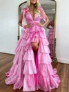 Ball Gown/Princess V-neck Metallic Sweep Train Prom Dresses With Tiered #UKM020119873