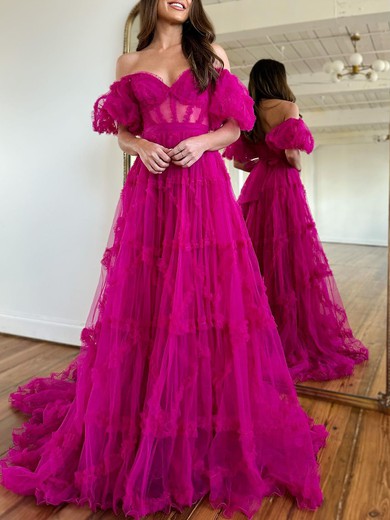 Ball Gown/Princess Off-the-shoulder Tulle Court Train Prom Dresses With Sashes / Ribbons #UKM020119887