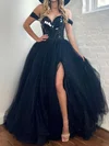 Ball Gown/Princess Off-the-shoulder Tulle Glitter Sweep Train Prom Dresses With Split Front #UKM020119929