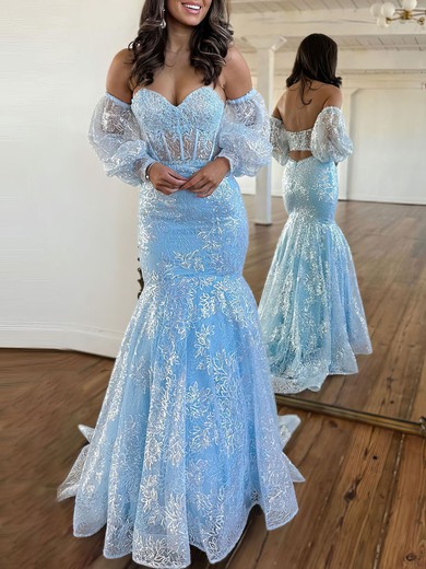 Trumpet/Mermaid Sweetheart Glitter Sweep Train Prom Dresses With Appliques Lace #UKM020119918