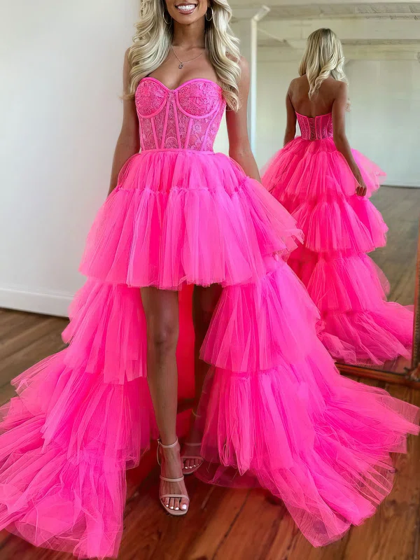 Ball Gown/Princess Sweetheart Lace Tulle Asymmetrical Prom Dresses With Tiered #UKM020119889