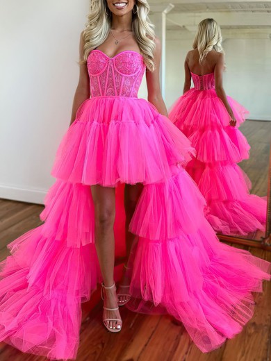 Ball Gown/Princess Sweetheart Lace Tulle Asymmetrical Prom Dresses With Tiered #UKM020119889