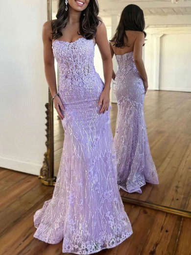 Trumpet/Mermaid Sweetheart Lace Tulle Sweep Train Prom Dresses With Beading #UKM020119901