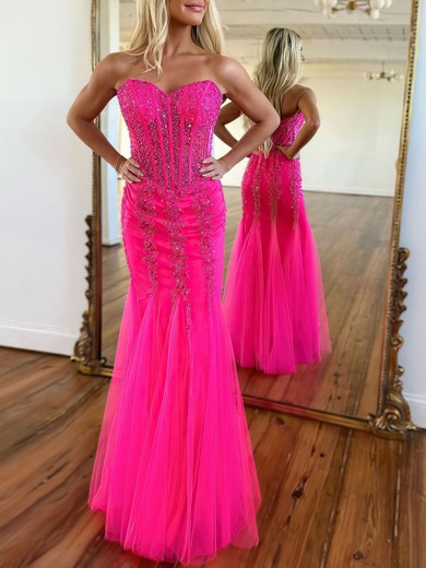 Trumpet/Mermaid Sweetheart Tulle Floor-length Prom Dresses With Beading #UKM020119919