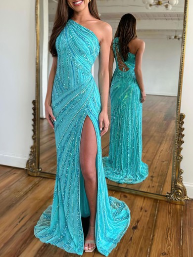Sheath/Column One Shoulder Sequined Sweep Train Prom Dresses With Split Front #UKM020119955