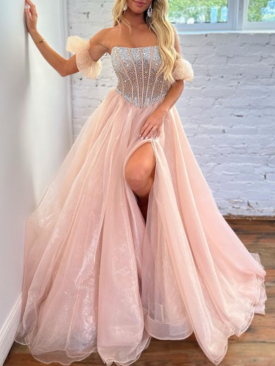 Ball Gown/Princess Straight Organza Sweep Train Prom Dresses With Split Front #UKM020119958