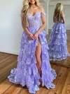 Ball Gown/Princess Off-the-shoulder Tulle Sweep Train Prom Dresses With Appliques Lace #UKM020119874