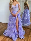 Ball Gown/Princess Off-the-shoulder Tulle Sweep Train Prom Dresses With Appliques Lace #UKM020119874