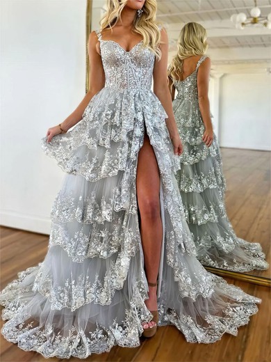 Ball Gown/Princess Off-the-shoulder Tulle Sweep Train Prom Dresses With Appliques Lace #UKM020119875