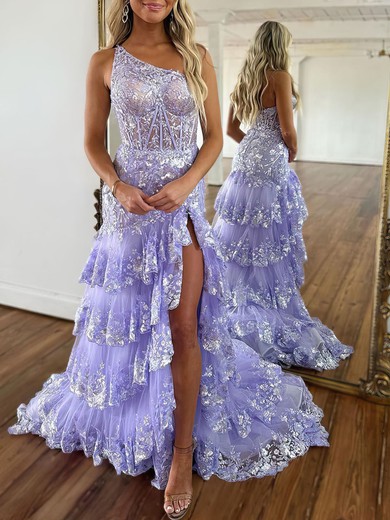 Trumpet/Mermaid One Shoulder Tulle Sweep Train Prom Dresses With Appliques Lace #UKM020119880