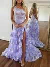 Trumpet/Mermaid One Shoulder Tulle Sweep Train Prom Dresses With Appliques Lace #UKM020119880