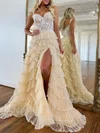 Ball Gown/Princess Sweetheart Tulle Sweep Train Prom Dresses With Tiered #UKM020119882