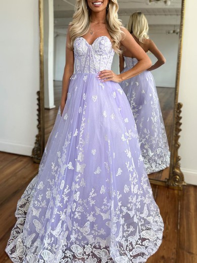 Ball Gown/Princess Sweetheart Tulle Glitter Sweep Train Prom Dresses With Appliques Lace #UKM020119885