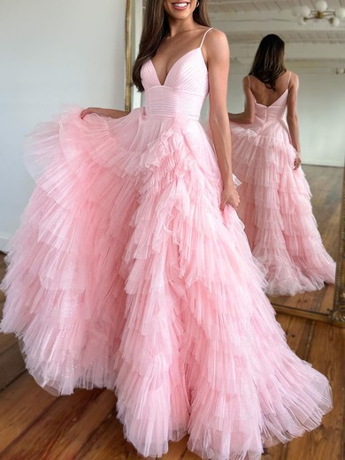 Ball Gown/Princess V-neck Tulle Glitter Sweep Train Prom Dresses With Tiered #UKM020119888