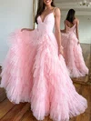 Ball Gown/Princess V-neck Tulle Glitter Sweep Train Prom Dresses With Tiered #UKM020119888