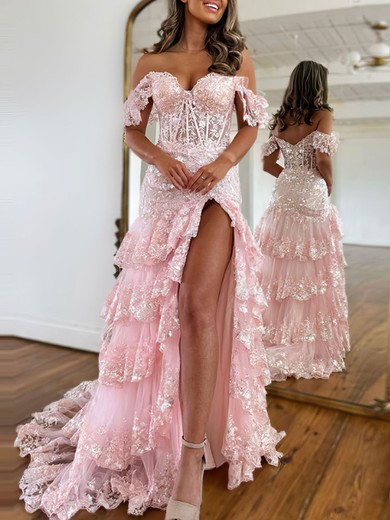 Trumpet/Mermaid Off-the-shoulder Tulle Sweep Train Prom Dresses With Appliques Lace #UKM020119910