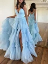 Ball Gown/Princess V-neck Tulle Glitter Sweep Train Prom Dresses With Tiered #UKM020119931