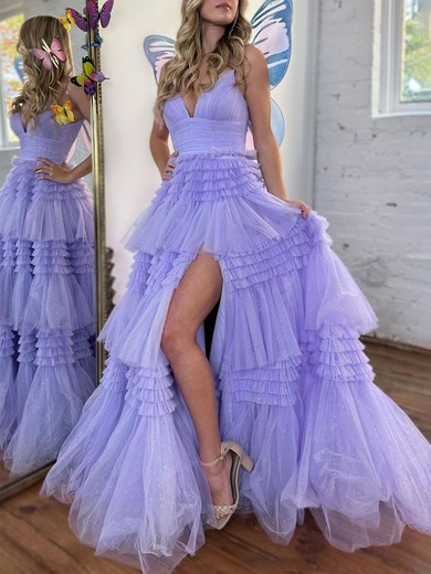 Ball Gown/Princess V-neck Tulle Glitter Sweep Train Prom Dresses With Tiered #UKM020119933