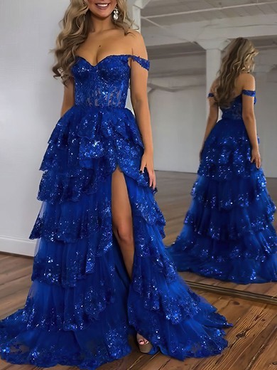 Ball Gown/Princess Off-the-shoulder Tulle Sweep Train Prom Dresses With Appliques Lace #UKM020119937