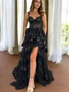 Black Ball Gown Sweetheart Sequin Tiered Prom Dresses #UKM020119938