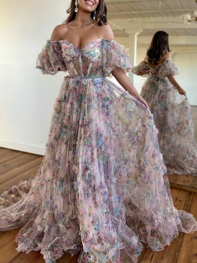 Ball Gown/Princess Off-the-shoulder Tulle Court Train Prom Dresses With Sashes / Ribbons #UKM020119949