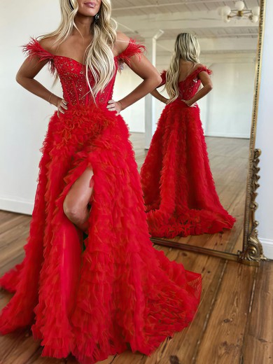 Ball Gown/Princess Off-the-shoulder Tulle Sweep Train Prom Dresses With Beading #UKM020119877