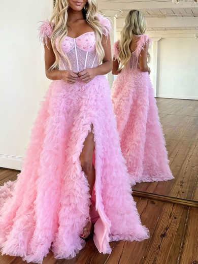 Ball Gown/Princess Off-the-shoulder Tulle Sweep Train Prom Dresses With Beading #UKM020119878