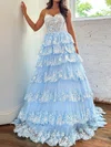 Ball Gown/Princess V-neck Tulle Sweep Train Prom Dresses With Appliques Lace #UKM020119903