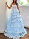Ball Gown/Princess V-neck Tulle Sweep Train Prom Dresses With Appliques Lace #UKM020119903