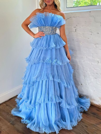 Ball Gown/Princess Straight Organza Sweep Train Prom Dresses With Beading #UKM020119930