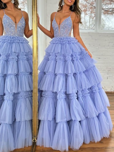 Ball Gown/Princess V-neck Tulle Floor-length Prom Dresses With Beading #UKM020119943