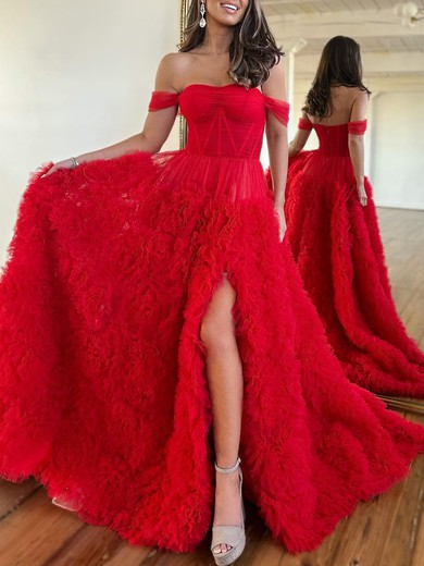 Ball Gown/Princess Off-the-shoulder Tulle Court Train Prom Dresses With Tiered #UKM020119952